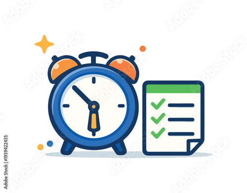 Blue alarm clock with checklist icon, symbolizing time management and task completion