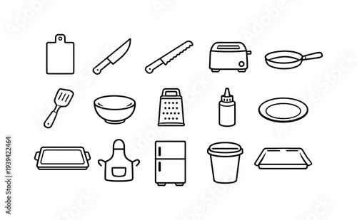 Collection of simple line art icons representing kitchen utensils and appliances for cooking