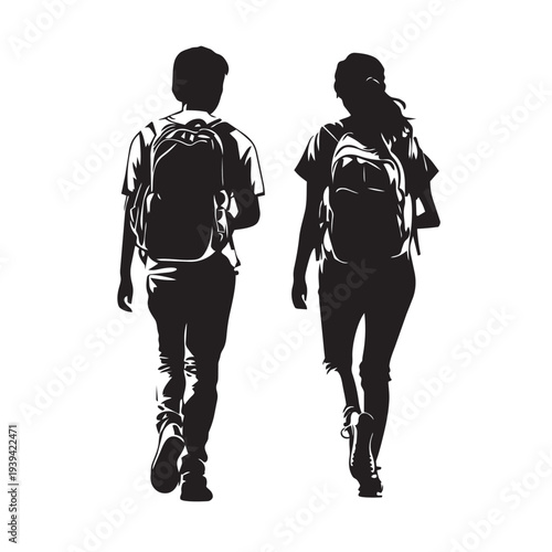 silhouette of a man and woman with backpacks