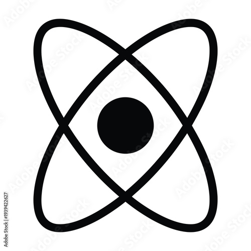 Abstract atomic structure symbol representing scientific discovery nuclear energy and fundamental particles in a minimalist stylized graphic design with clean lines and a central nucleus orbited