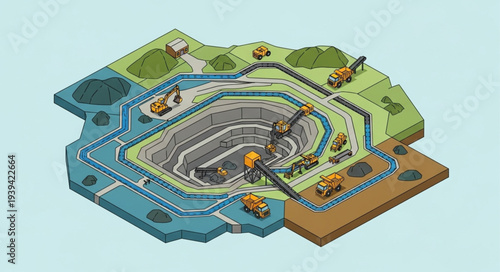 Isometric illustration of a construction site with stadium and machinery.