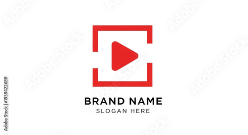 Red play button logo template for brand identity and media company.