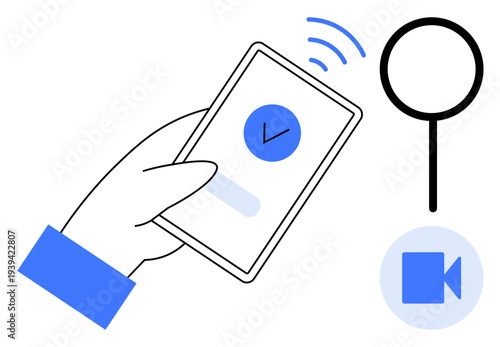 Digital identity verification, online security, authorization processes, technology, search tools, video authentication. Hand holding a smartphone with a checkmark. Digital identity and online