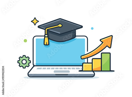 Laptop with graduation cap and rising graph symbolizing educational growth and success