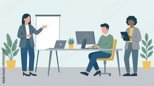 Business professionals collaborating and presenting in a modern office environment