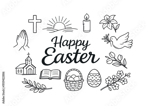 Happy Easter religious and secular symbols collection, hand-drawn line art