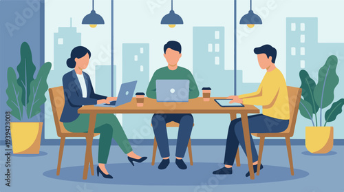 Business team collaborating on laptops and tablet in a modern office space