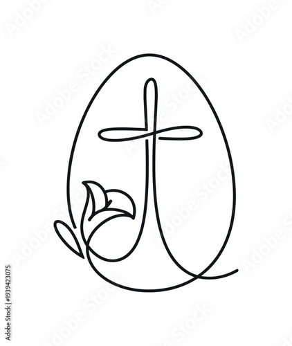 Easter egg with cross and lily flower in continuous line art style