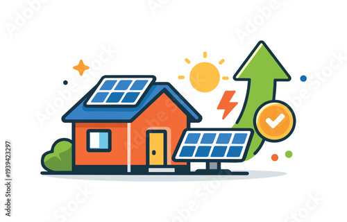 Modern house with solar panels on roof and ground, symbolizing clean energy growth