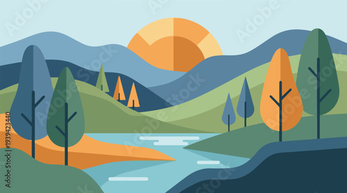 Stylized Flat Design Landscape with Mountains, River, Trees and Sunrise