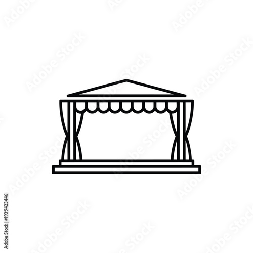 Black line of a gazebo with curtains and a scalloped awning on a stage line black and white