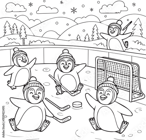 Penguins playing hockey illustration — black and white cartoon drawing of five penguins on ice rink with hats, puck, and winter scene