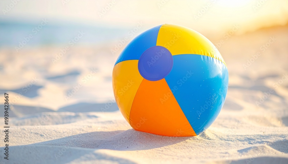 Obraz premium Colorful beach ball on sandy shore with ocean waves and sunlight glow
