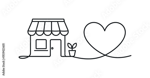 Storefront with a potted plant and a heart shape drawn with a single continuous line