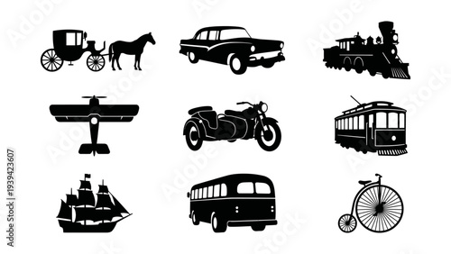 Vintage Transportation Silhouette Set - Retro Vehicle and Travel History Icons