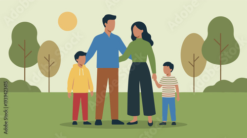 Minimalist illustration of a happy family with two children in a park