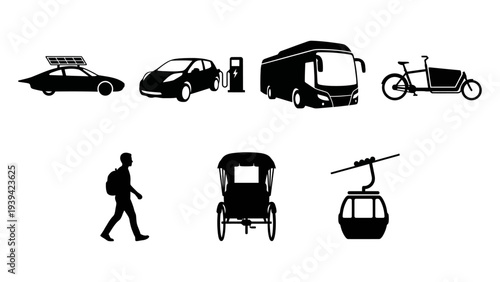 Sustainable Transport Silhouette Set - Eco Friendly Travel and Urban Mobility Vector