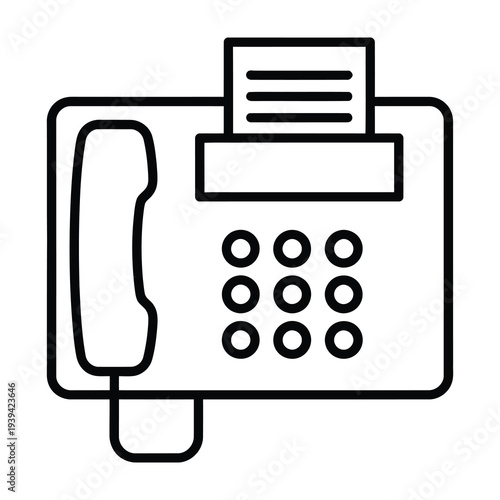 Retro fax machine with handset keypad and paper output slot depicted in a clean minimalist line art style against a stark white background evoking a sense of vintage communication technology