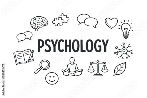 Psychology concepts and symbols illustrated with icons and text