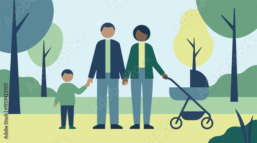 Diverse Family Walking in a Park with Baby Stroller, Flat Design