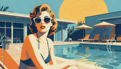 Retro Glamour Summer Poolside Bliss: Vintage Woman Lounging in Sunglasses by Mid-Century Modern House

