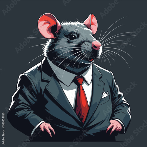 flat vector image of a rat wearing a suit that is evil and violent