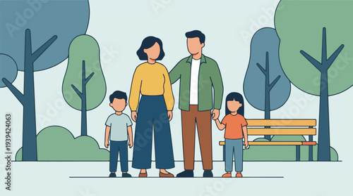 Family of four enjoying time together in a park, minimalist illustration