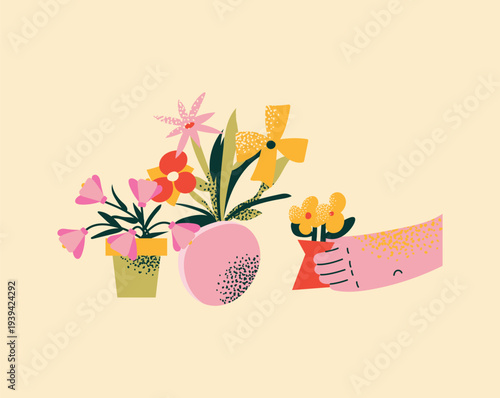 Hand Holding Potted Flowers Vector Illustration in Flat Naive Art Style with Stipple Texture. Concept of Growth, Gardening Hobby, Florist, Self-Care, and Spring Season Bloom on Beige Background.