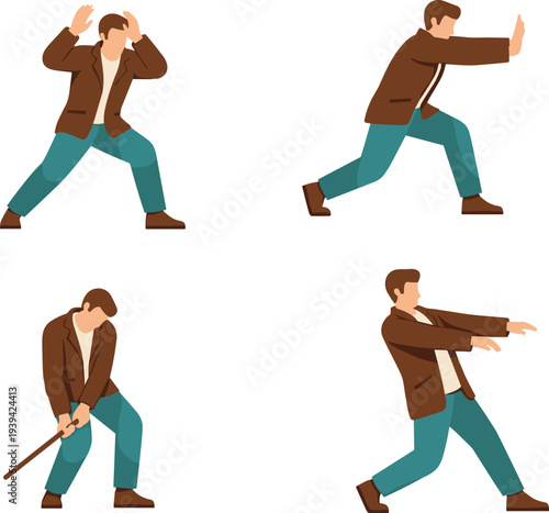 man defensive action poses set, self defense illustration, attack protection gestures, danger reaction movements, flat character safety concept