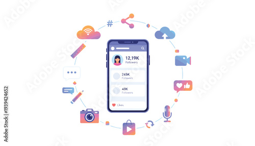 Set of social media icons vector, phone with online profile surrounded by colorful symbols