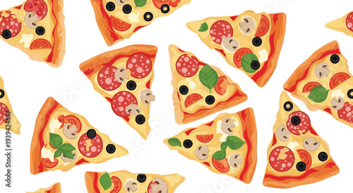 Seamless pizza slice vector food pattern with cheese, pepperoni, olives, and vegetables on white