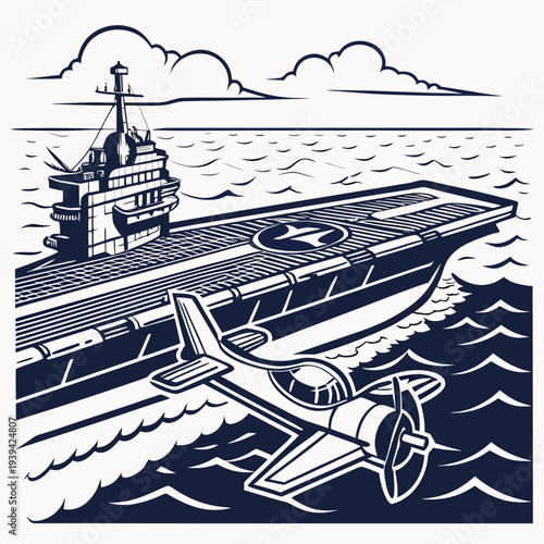 An aircraft carrier ship with a fighter jet taking off from the deck in the ocean with cloudy skies