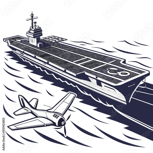Illustration of an aircraft carrier ship with a fighter jet taking off for military or naval concepts