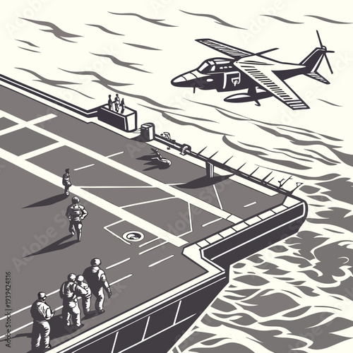 Military personnel standing on a ship deck with a helicopter flying above the water
