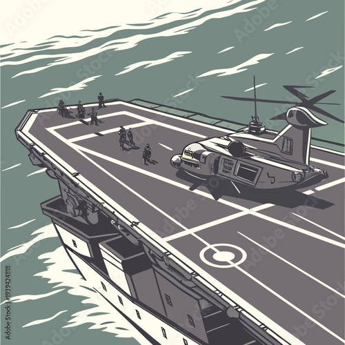 Military helicopter on a naval ship deck in the middle of the ocean with people standing around