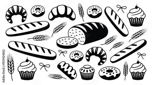 black and white illustration of various baked goods and wheat