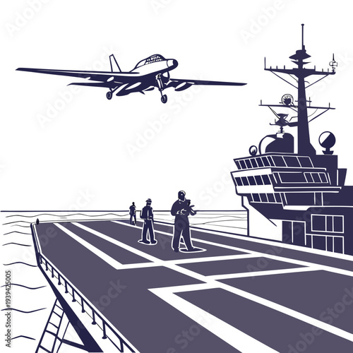 Military aircraft taking off from a naval ship deck with crew members