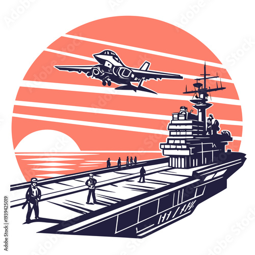 Military aircraft taking off from an aircraft carrier at sunset with people on deck and a large sun