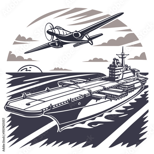 Vintage illustration of an airplane flying over a large ship at sea with sun and clouds in the background