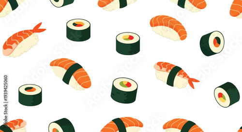 Seamless Sushi Food Pattern Vector with Japanese Rolls and Nigiri on White Background