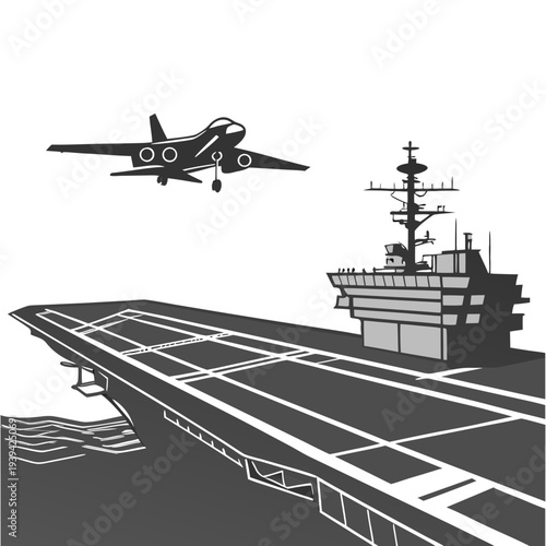 A fighter jet taking off from an aircraft carrier deck with clear sky