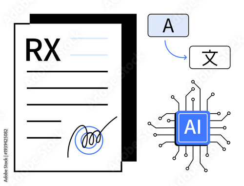 AI applications, healthcare solutions, language translation, machine learning, automation, prescription processing. Document labeled RX, language symbols AI digital chip. AI applications