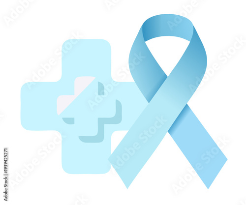 Light blue prostate cancer awareness ribbon with medical cross, sticker on transparent background