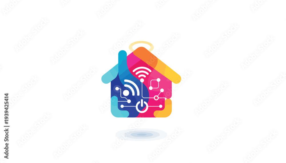 Fototapeta premium Smart home logo design, colorful house icon with wifi and digital circuit elements, modern home automation vector illustration