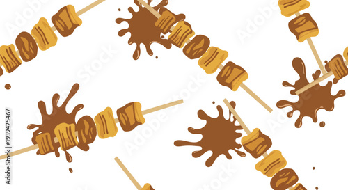 Chocolate fondue marshmallow skewer seamless food pattern vector for dessert backgrounds