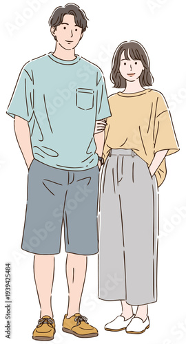 夏服カップルのシンプルイラスト	