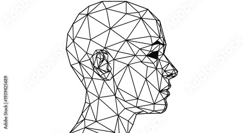 Low poly wireframe human head profile on white background.