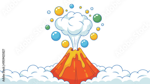 cartoon volcano eruption with colorful bubbles and clouds