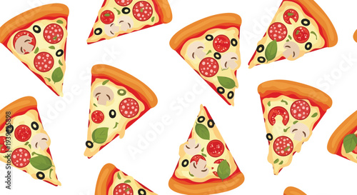 Seamless pizza slice vector food pattern with cheese, pepperoni, and vegetables on white background