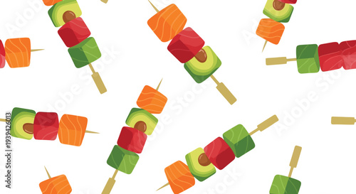 Seamless vector food pattern with grilled skewers, salmon, avocado, and vegetables on white